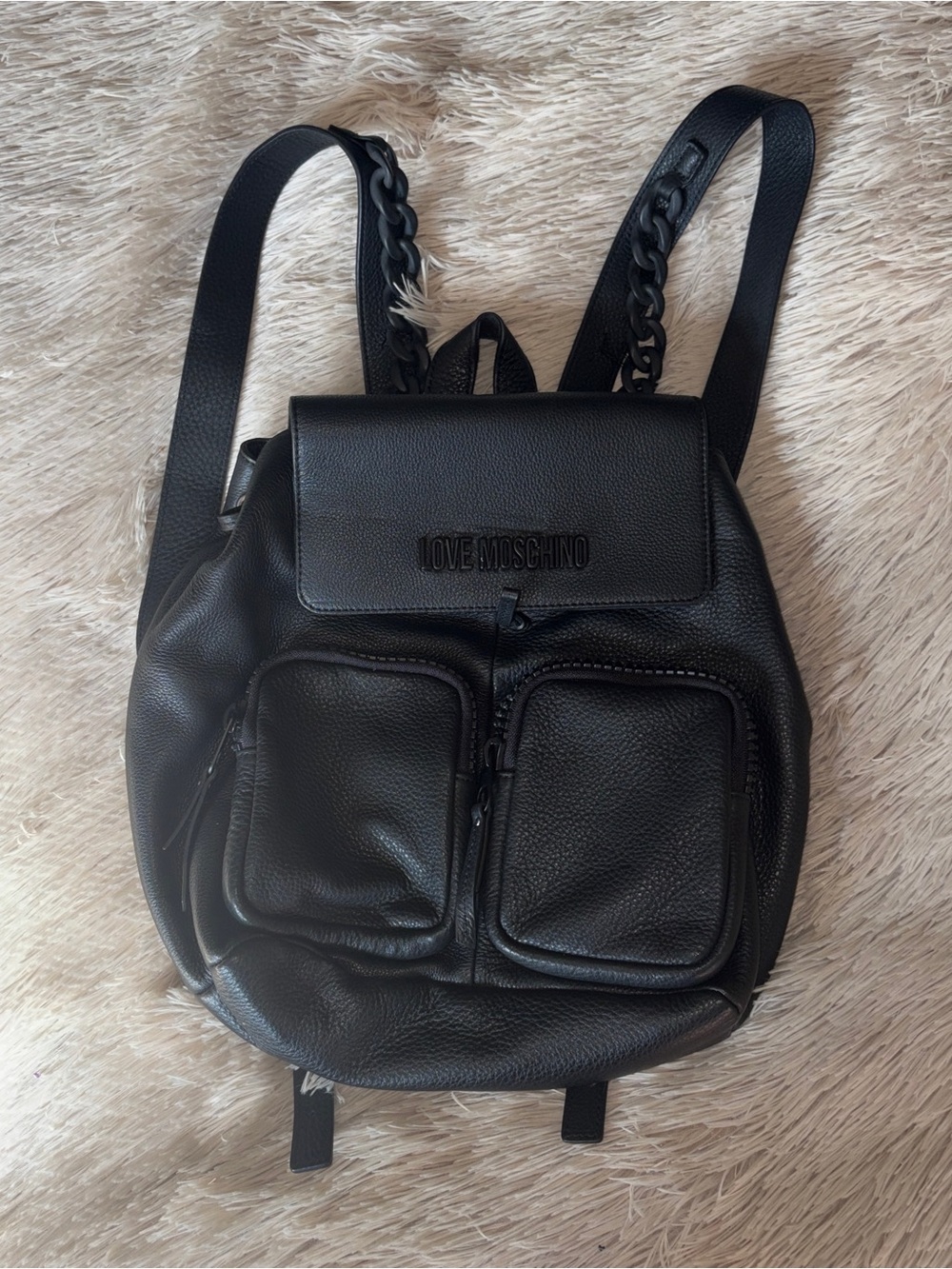 Love Moschino Black Pebbled Leather Backpack with Chain-Strap Detail